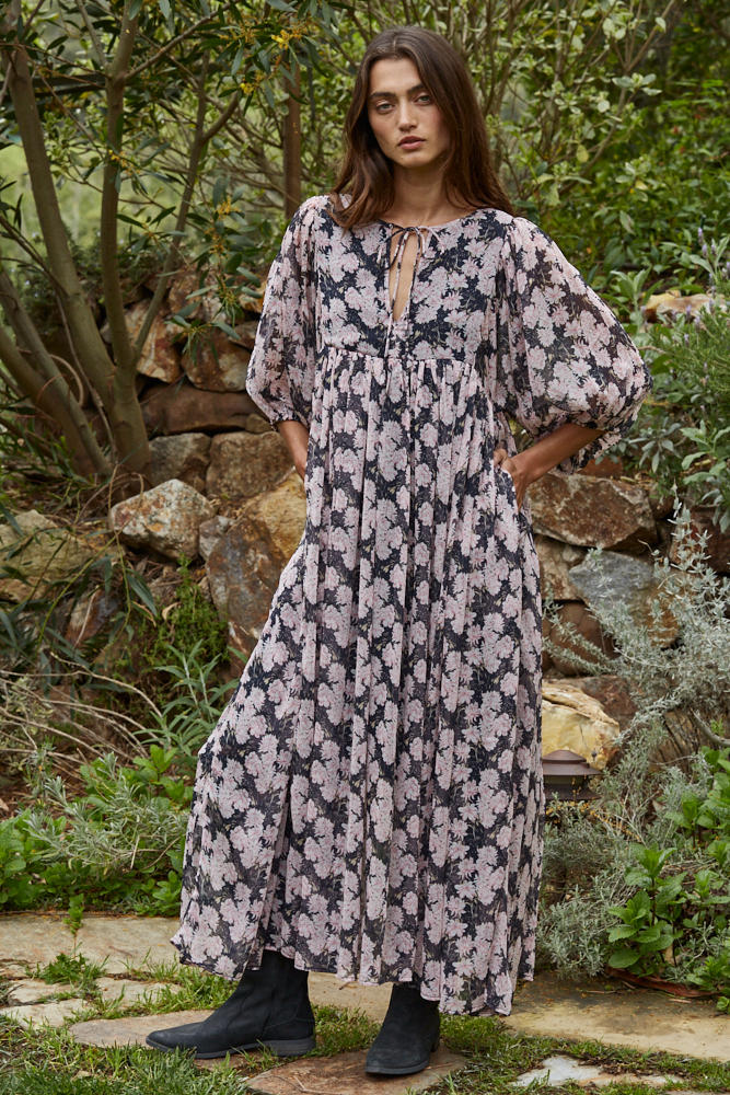 MIDNIGHT BLOSSOM FLARE MAXI DRESS