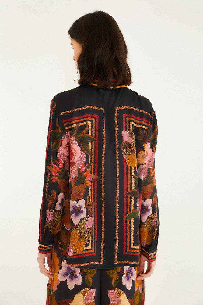 CHENILLE FLOWERS BLACK SHIRT