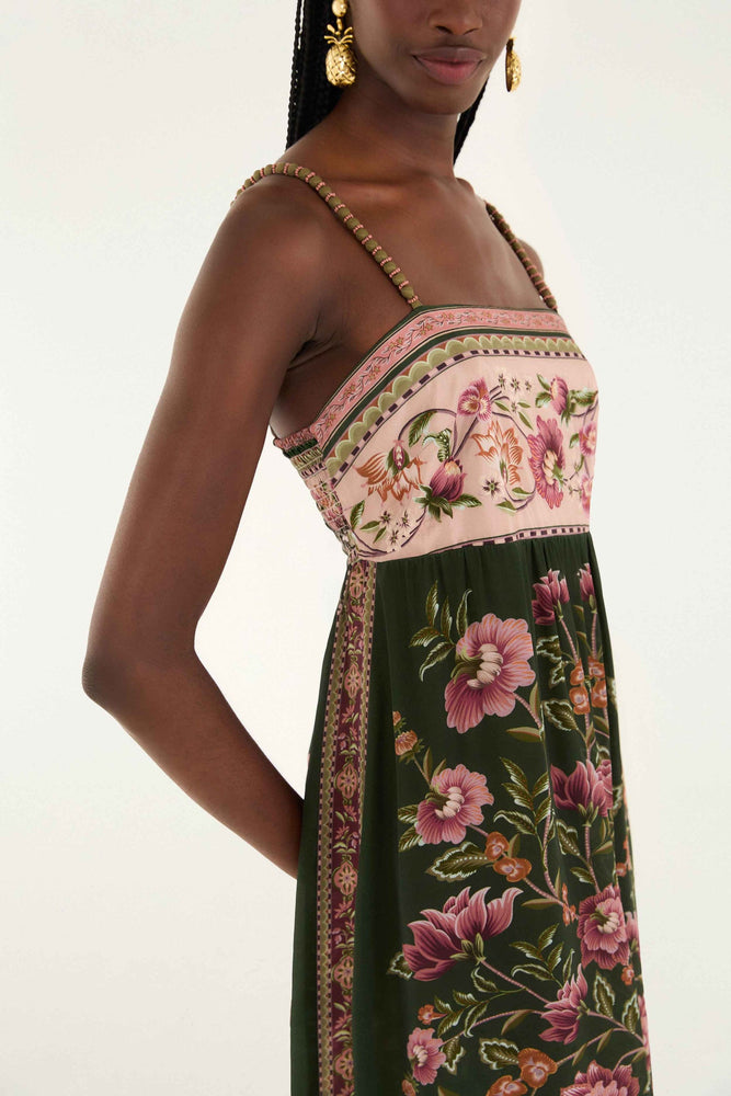 FLOWERING GARDEN TREE GREEN SLEEVELESS MIDI DRESS