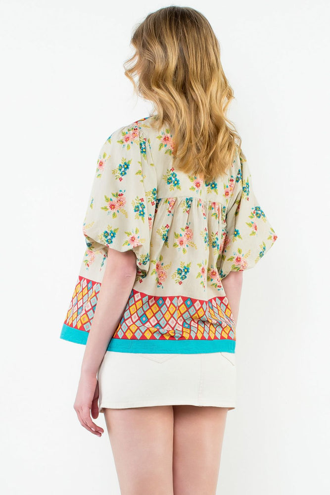 PUFF SLEEVE FLORAL TASSEL TIE TOP